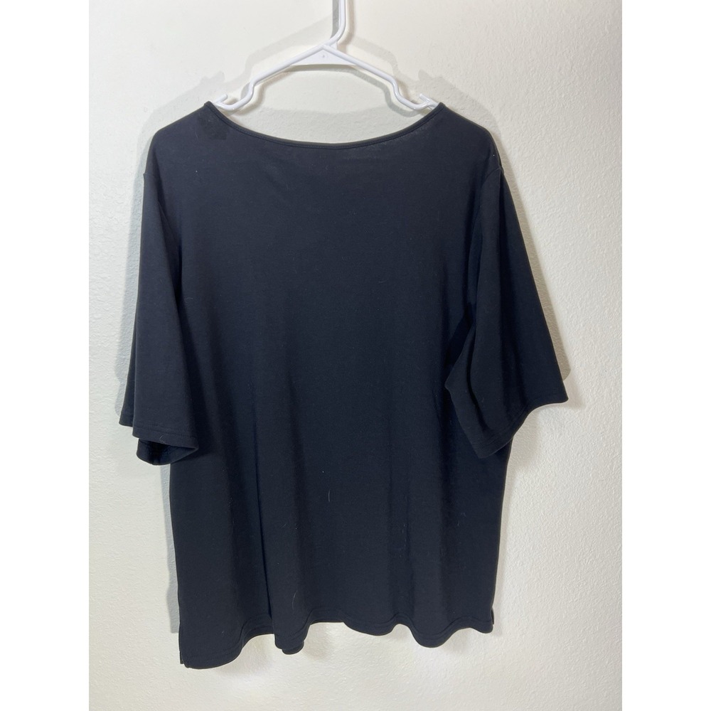 Quacker Factory XL Black Top Rhinestone Cute Side Tie Neckline Short Sleeve - Picture 2 of 5